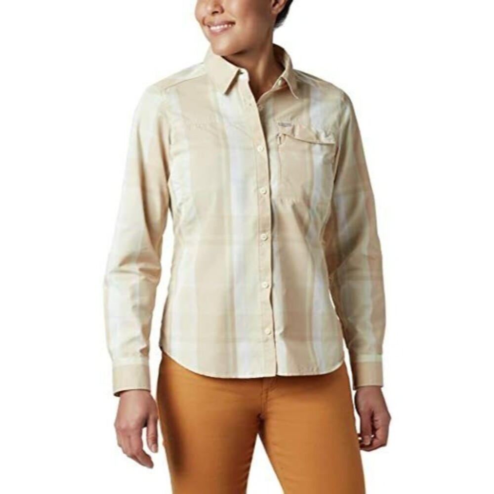 New Womens NWT M Plaid Khaki White Top Roll Sleeves UPF Columbia Antiodor Vented